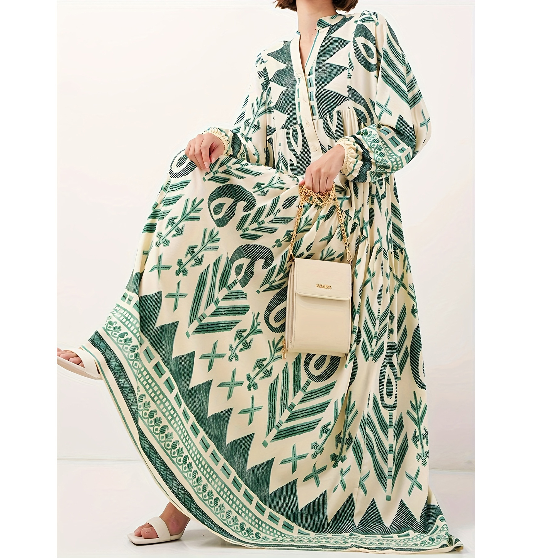 Women's Digital Print Long Sleeve V-Neck Maxi Dress