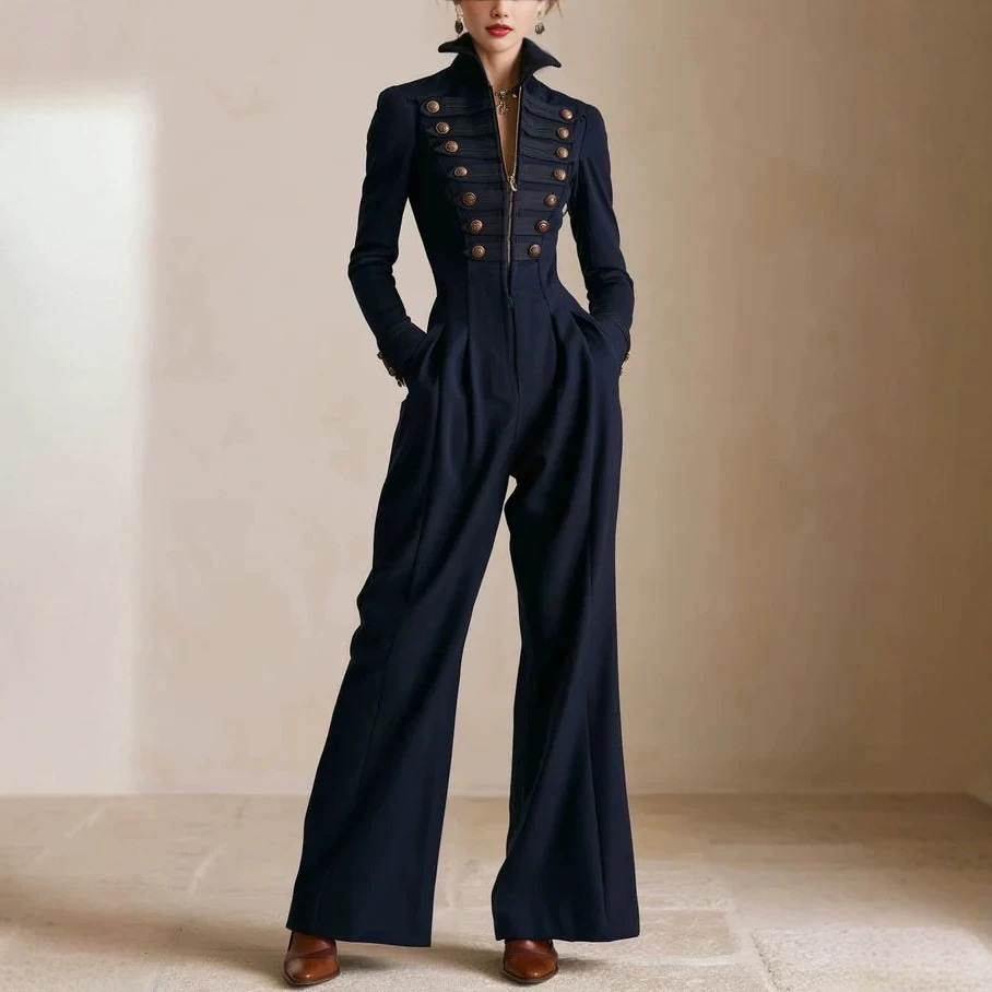 Navy Vintage Military Jumpsuit with Stand Collar, Double-Breasted Metal Buttons, Cinched Waist, Wide Leg