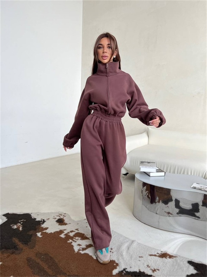 Women's Solid Color Long Sleeve Zip Neck Wide Leg Jumpsuit