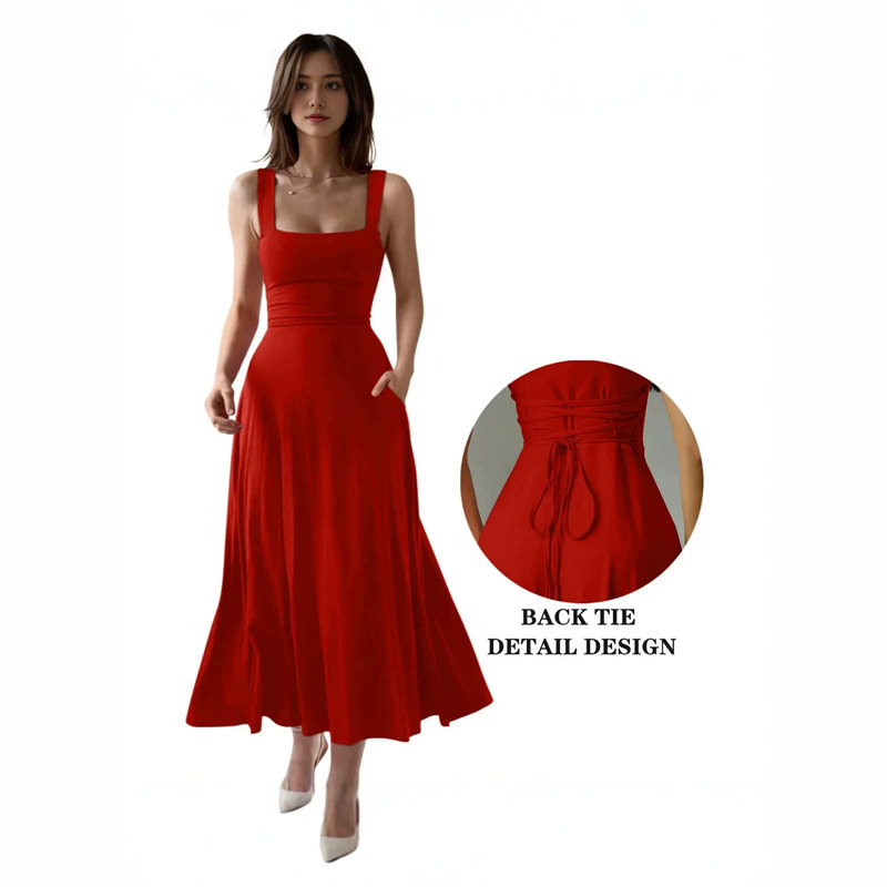 Women's Wide Strap Square Neck A-Line Midi Dress with Adjustable Waist
