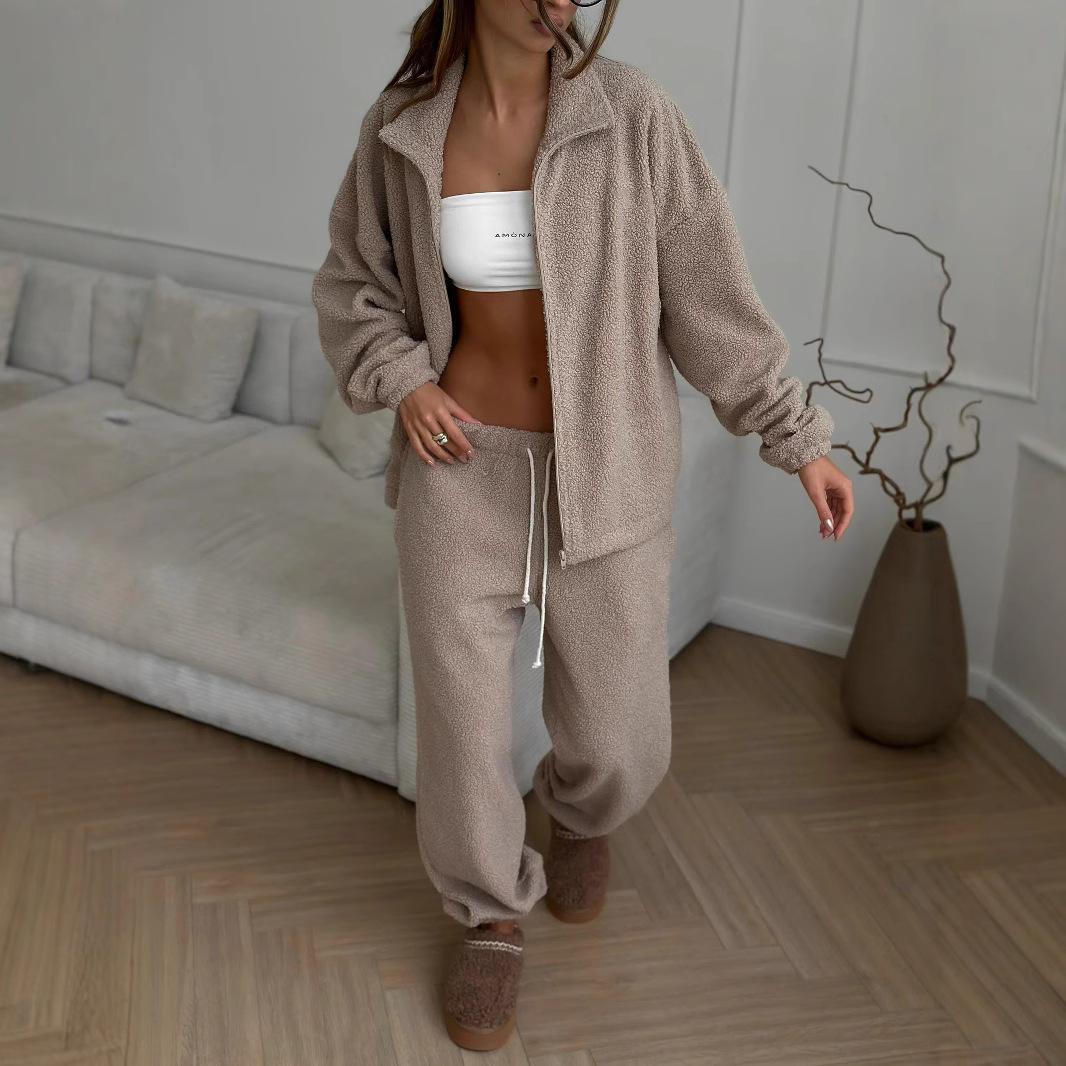 Women's Fleece Cardigan Sweatsuit Set Casual Streetwear