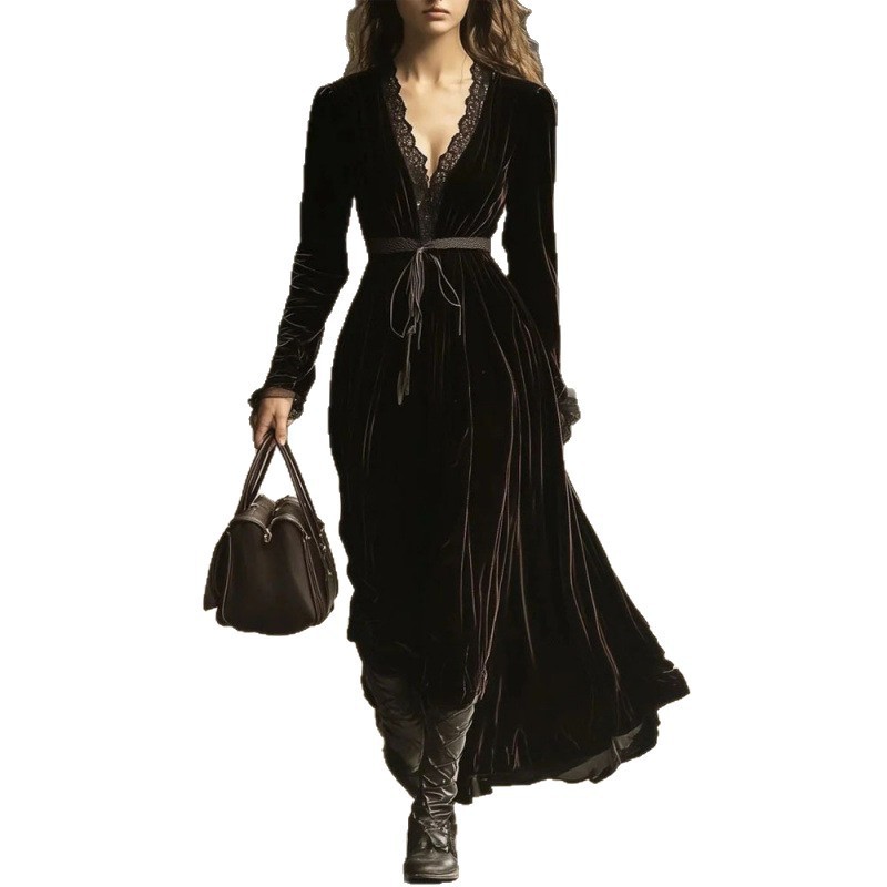 French Vintage Velvet V-Neck Slip Dress
