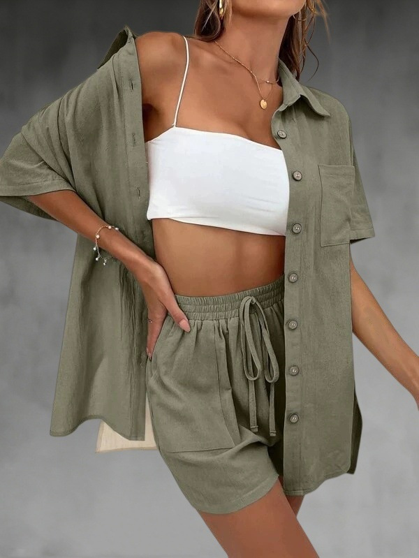 Solid Color Short Sleeve Cardigan Top and Shorts Two-Piece Set