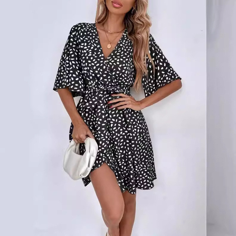 V-Neck Short Sleeve Cinched Waist Dress