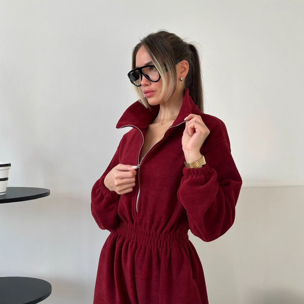 Women's Long Sleeve Jumpsuit with Half Placket and Elastic Waist
