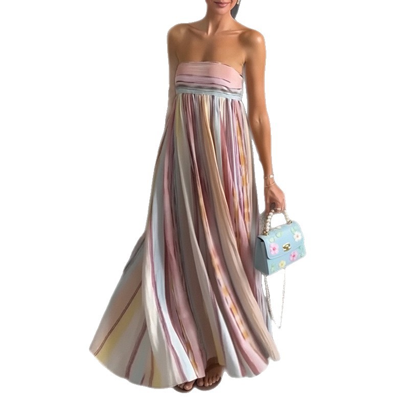 Elegant Colorblock Strapless Backless Long Dress
