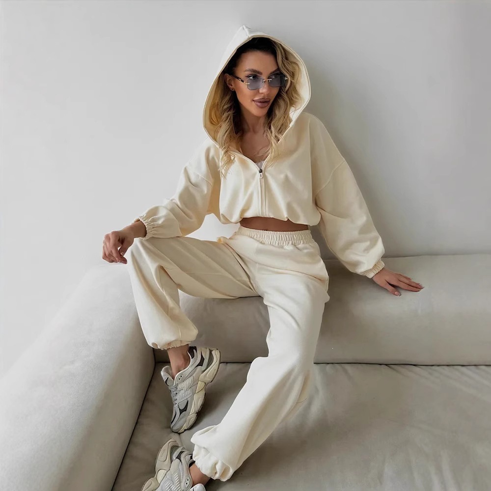 Women's Cotton Zip-Up Hoodie and Wide-Leg Pants Two-Piece Set