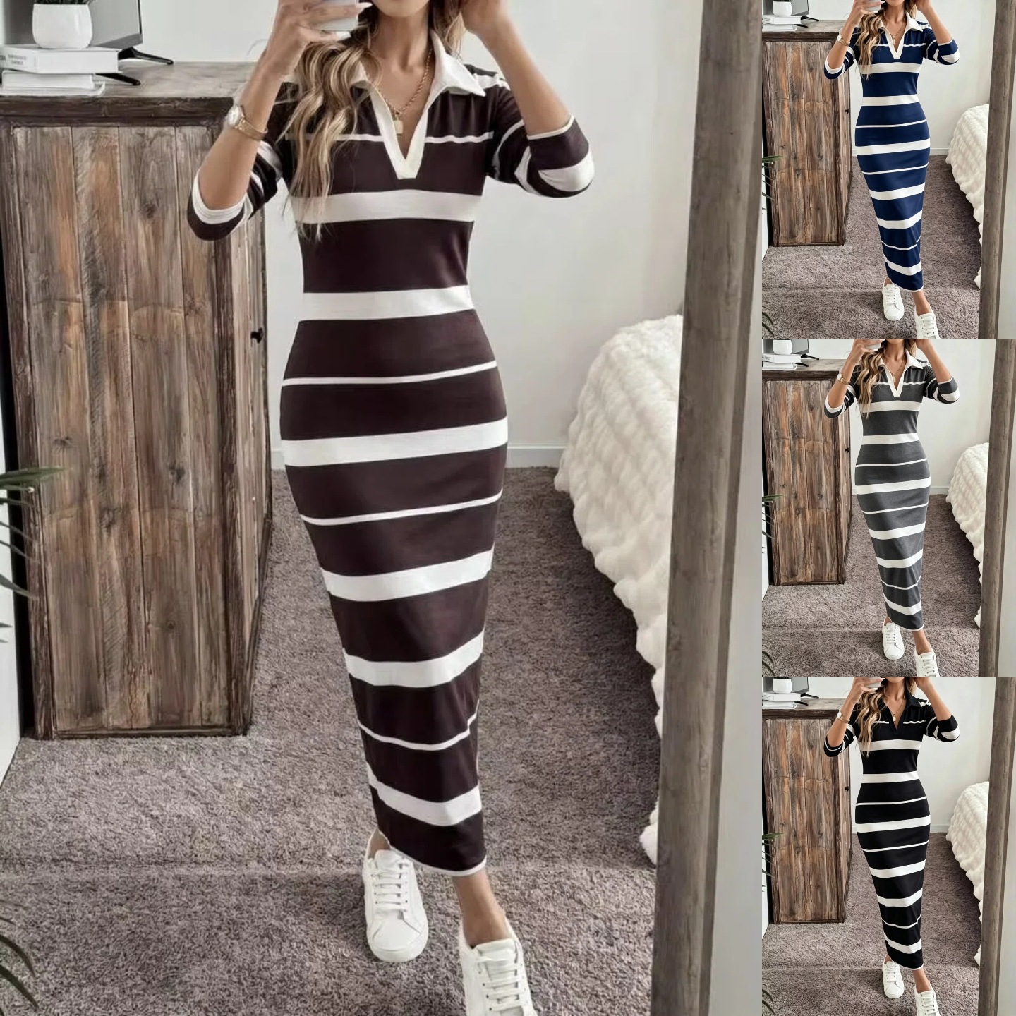 V-Neck Striped Print Long Bodycon Dress