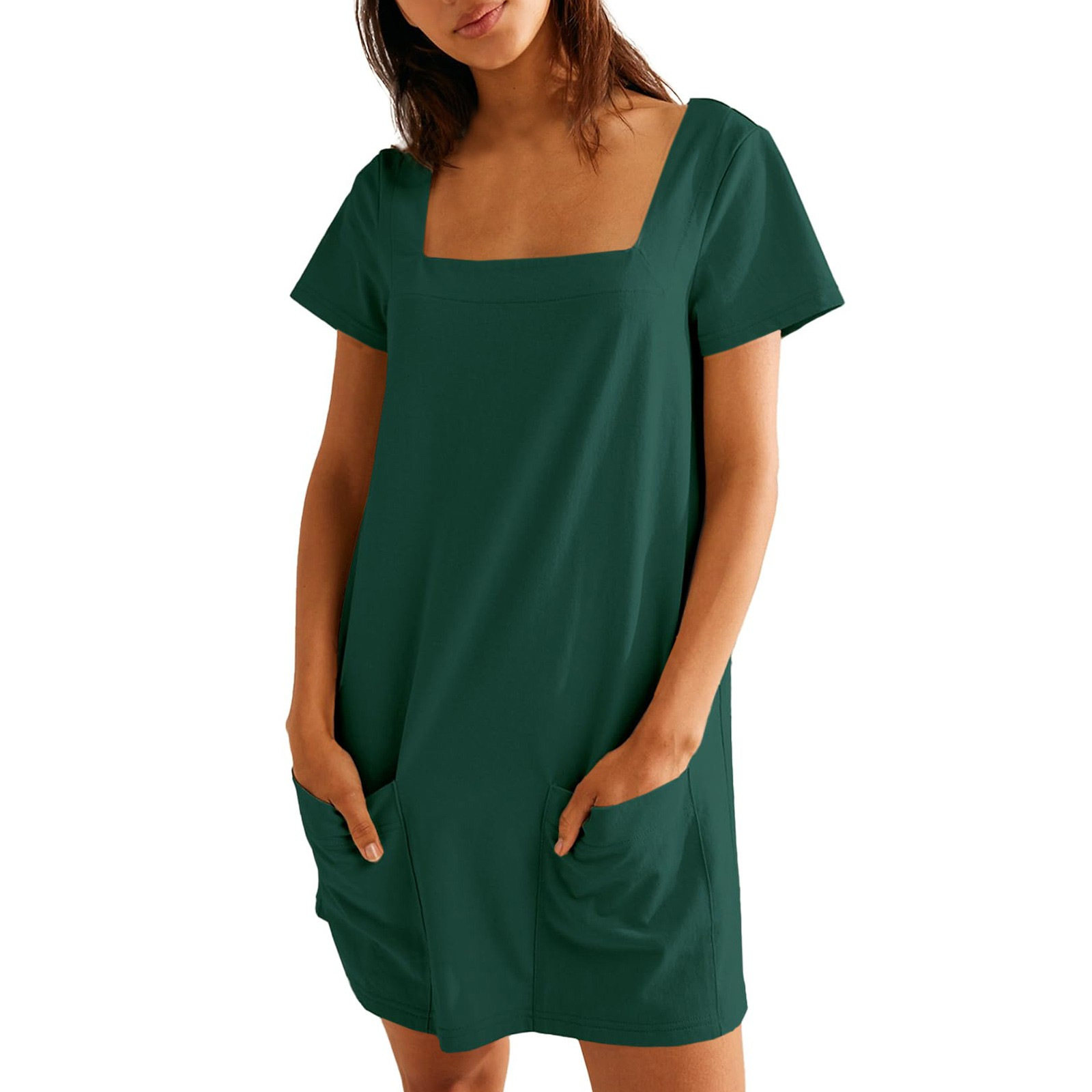 Square Neck Short Sleeve A-Line Dress with Pockets Solid Color