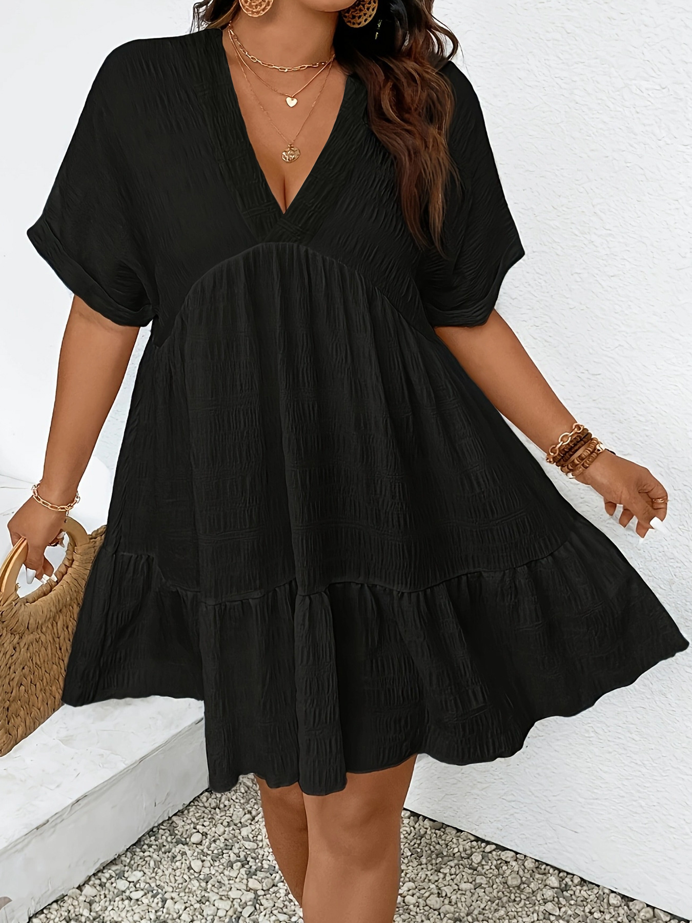 Women's Summer Casual Deep V-Neck Short Sleeve Loose Dress
