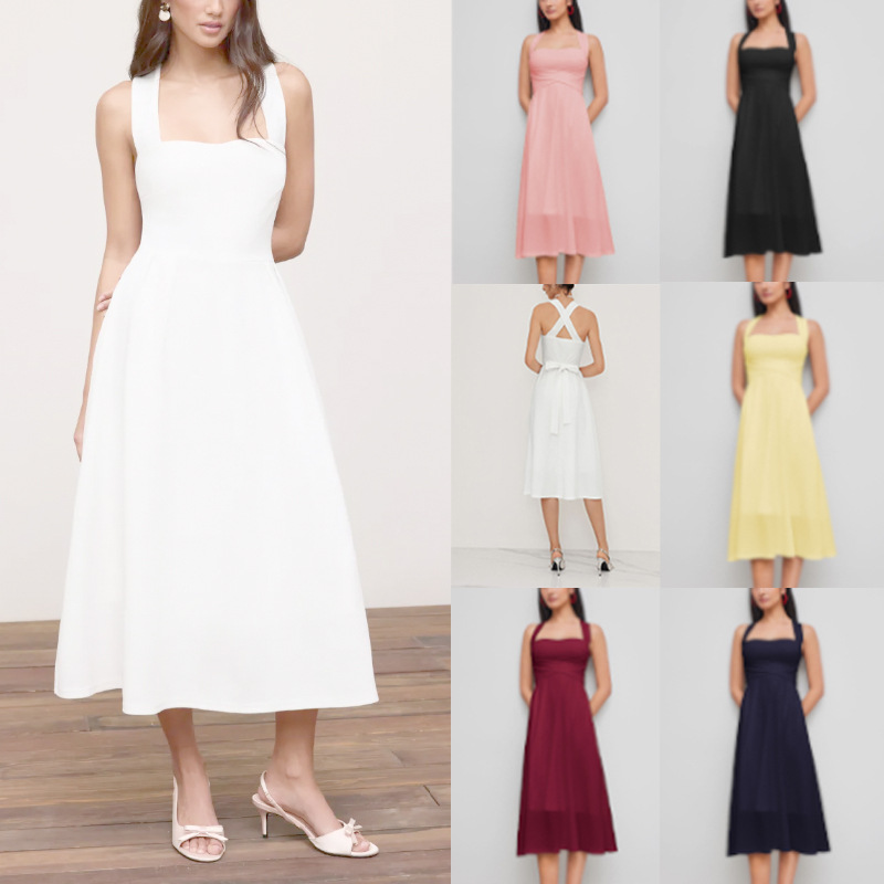 French Square-Neck Sleeveless A-Line Midi Dress