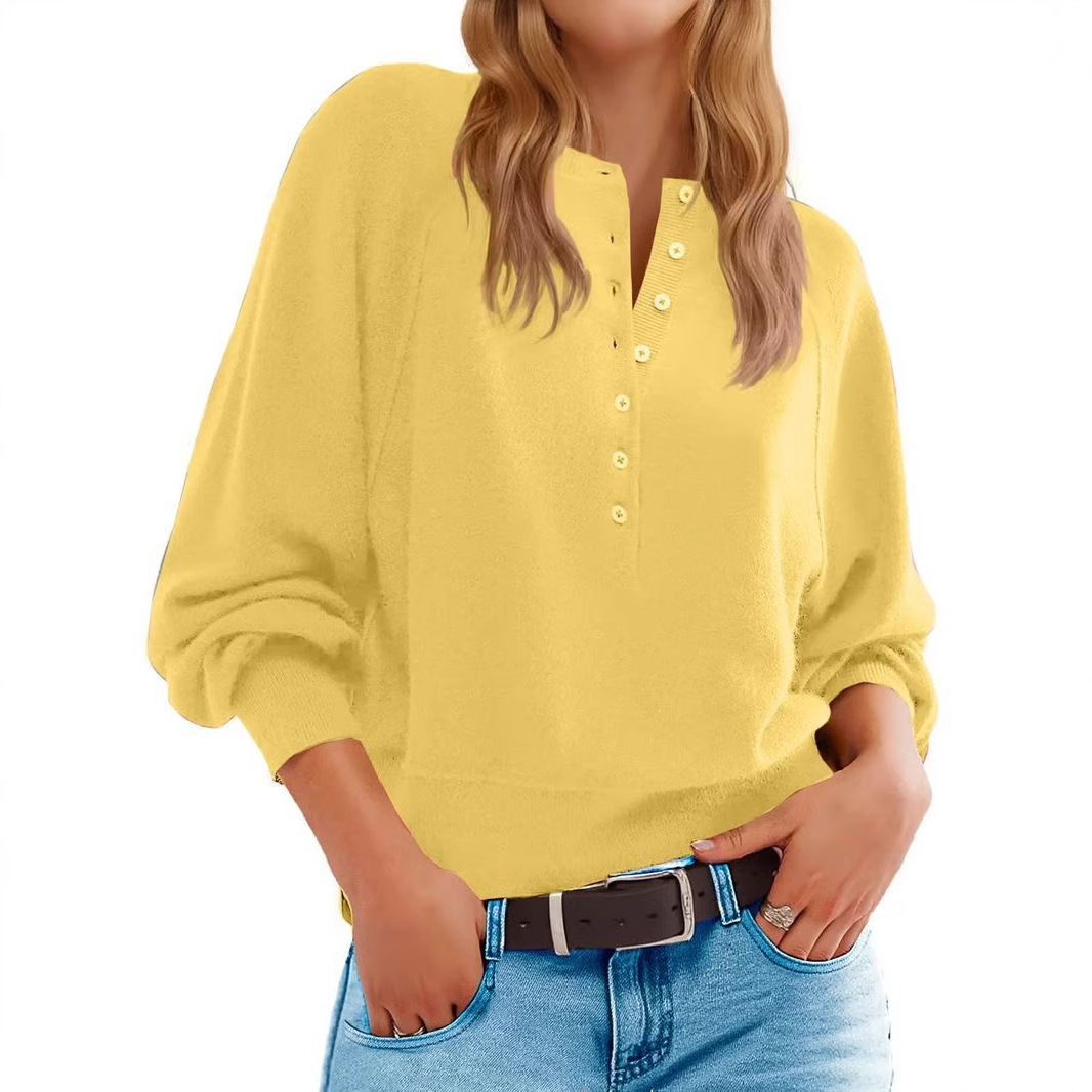 Women's Solid Knit Button Lantern Sleeve V-Neck Sweater