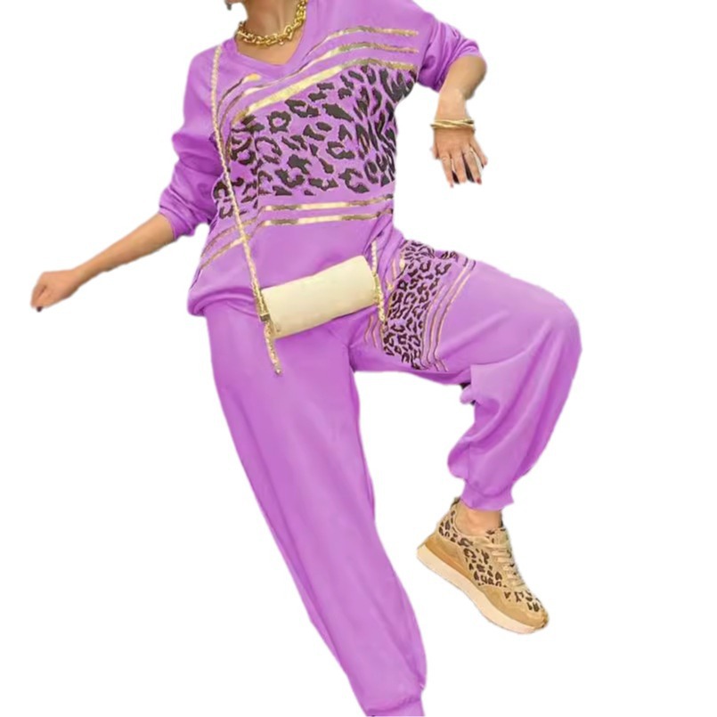 Leopard Print Gold-Stamped Hoodie & Pants Two-Piece Set, Loose Fit