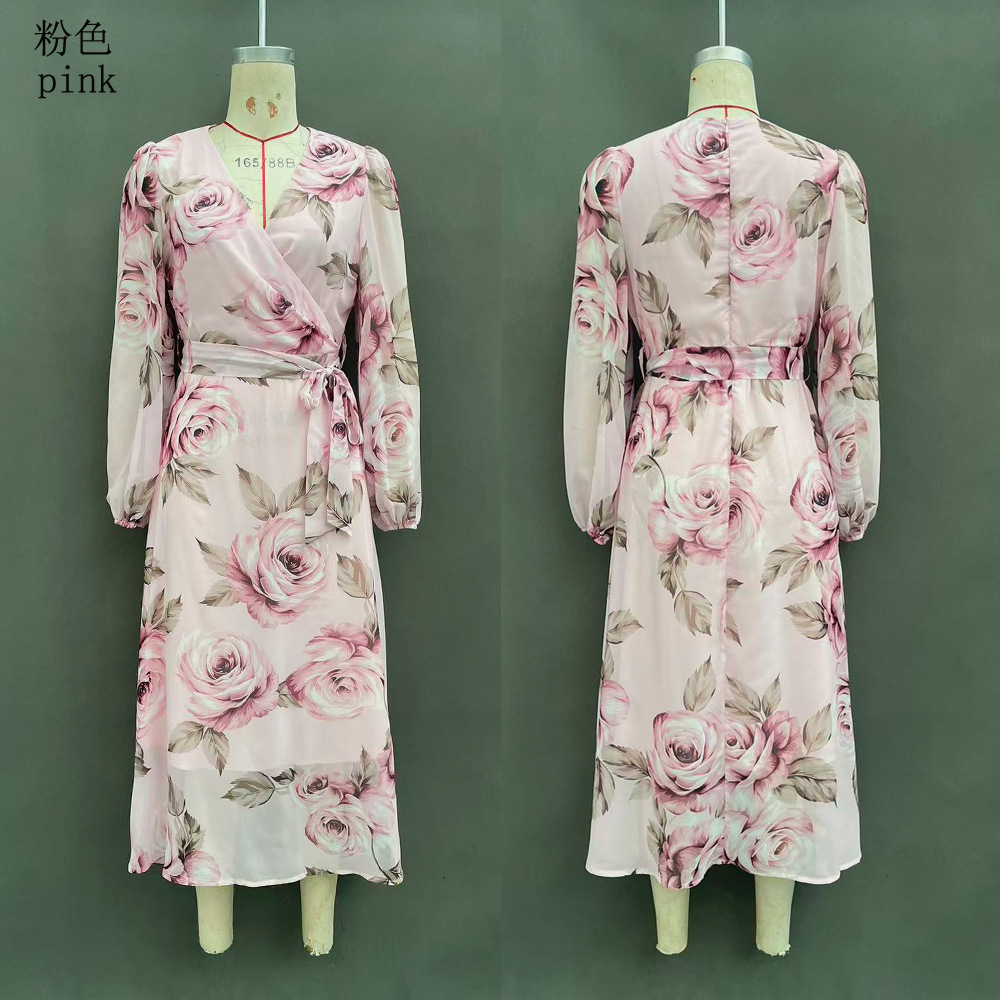 Floral Print V-Neck Lantern Sleeve A-Line Midi Dress