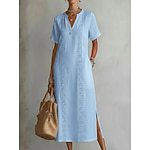 Women's Lace-Trim V-Neck Short-Sleeve Slit Cotton-Linen Midi Dress