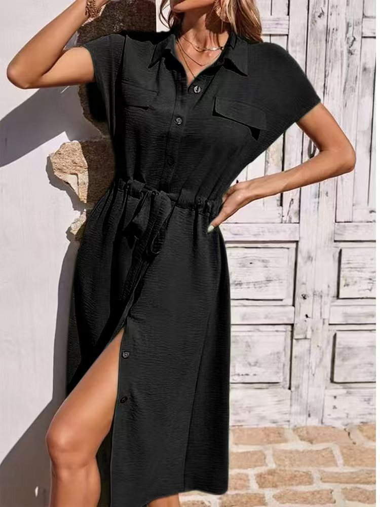 Women's Tie-Waist Polo Shirt Dress Short Sleeve A-Line Midi