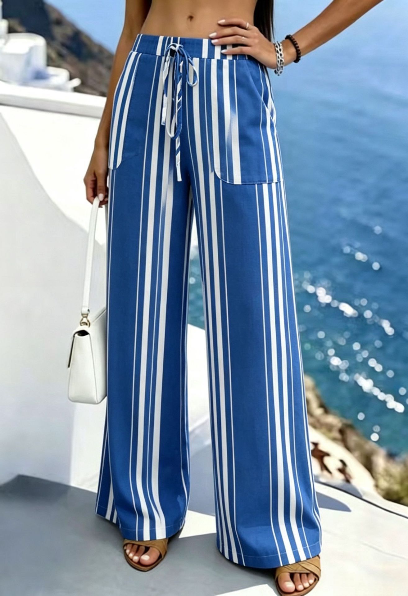 Striped High-Waist Tie-Waist Wide-Leg Pants with Pockets
