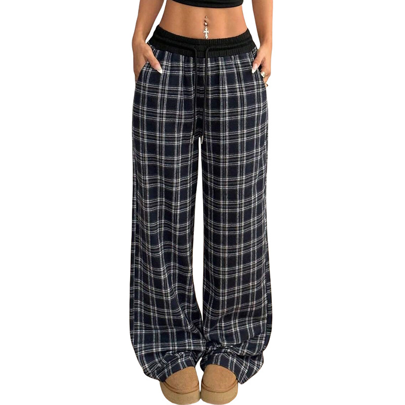 Retro Plaid Wide-Leg Lounge Pants High-Waist Color-Block Casual