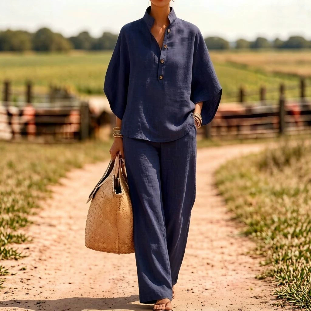 Women's Casual Button Shirt and Wide-Leg Pants Two-Piece Set