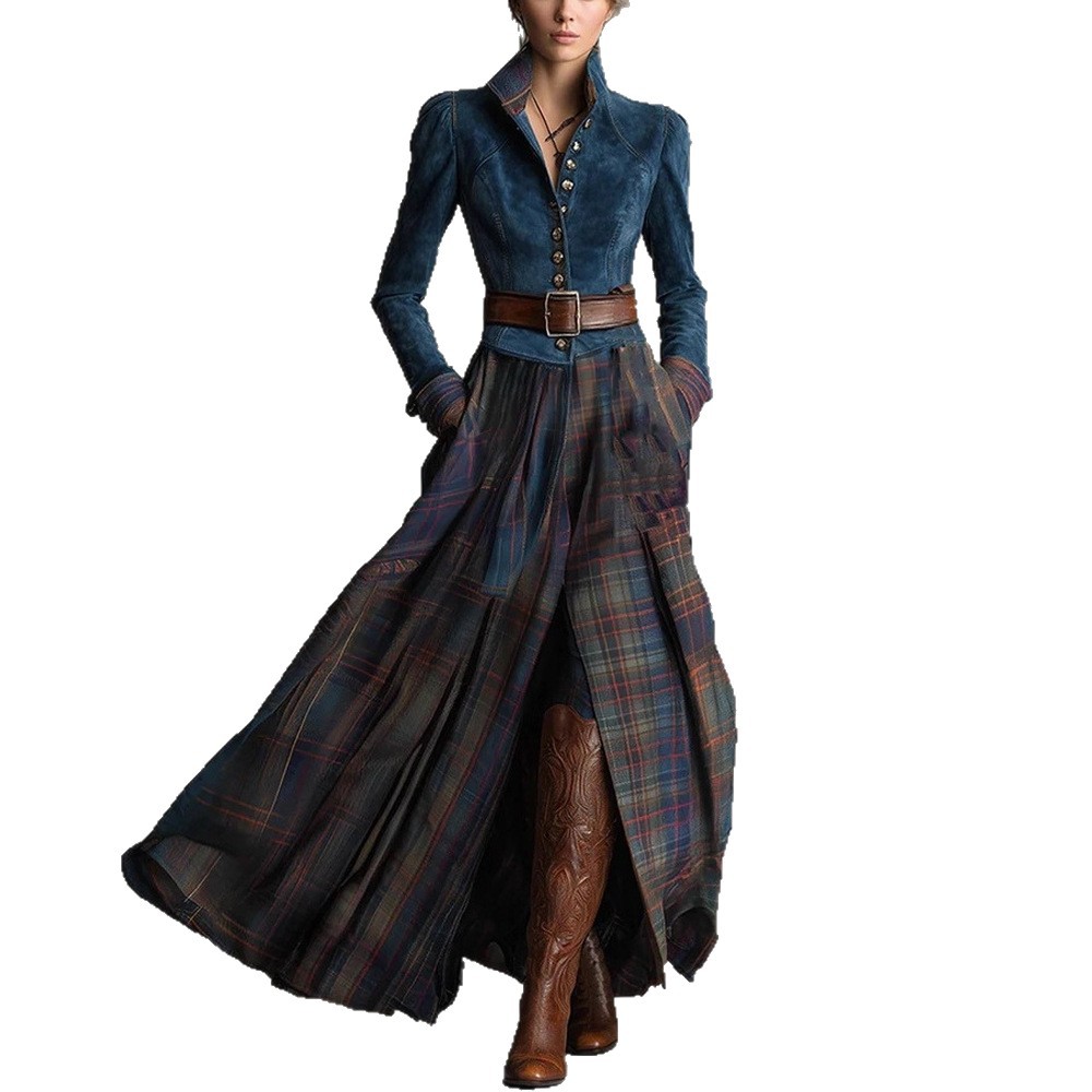 Green Faux Suede Paneled Striped Long Sleeve Maxi Dress