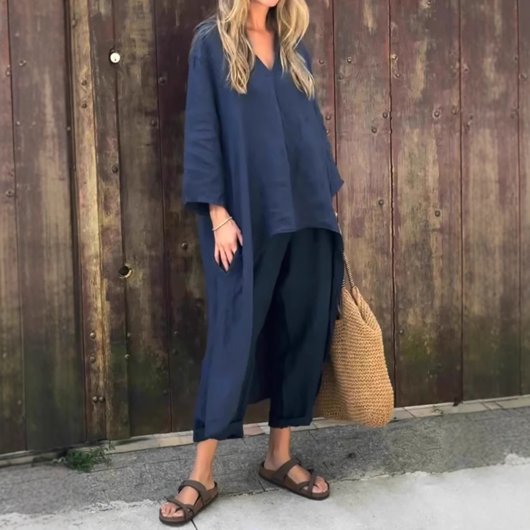 Women's Summer V-Neck Two-Piece Skirt Set with Pockets, Solid Color, Loose Fit