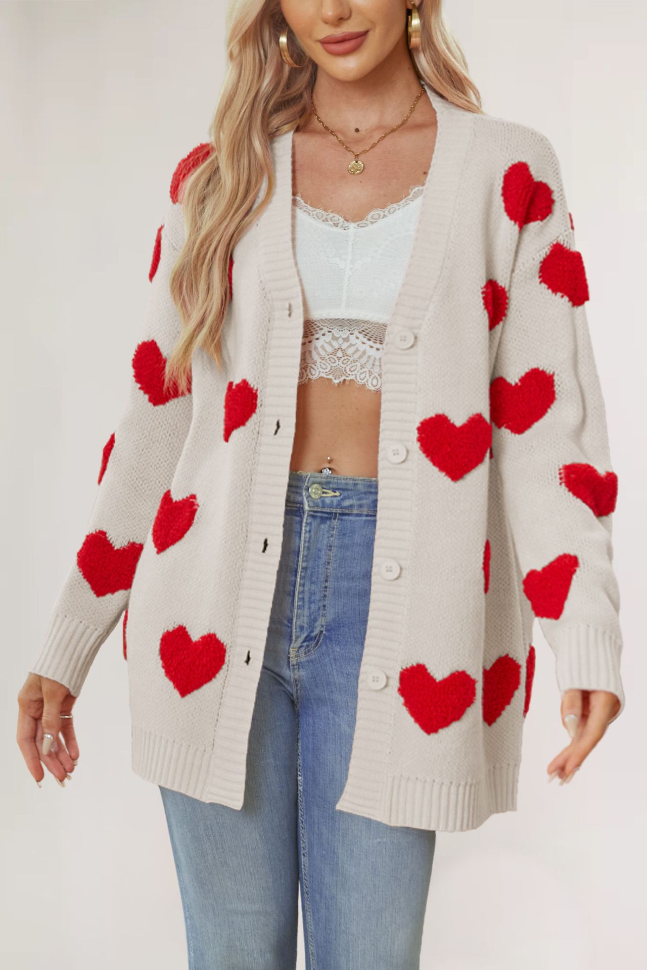 Heart Jacquard Knit Midi Cardigan V-Neck Button-Up Women's