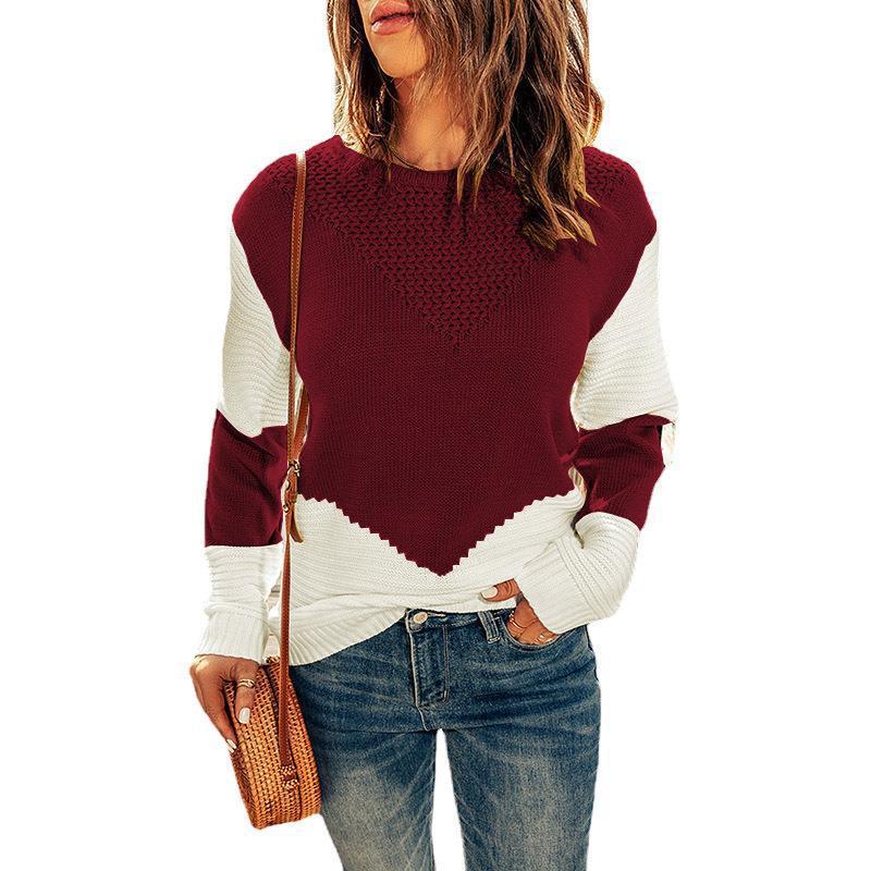 Women's Color-Block Crewneck Knit Sweater Long-Sleeve Pullover