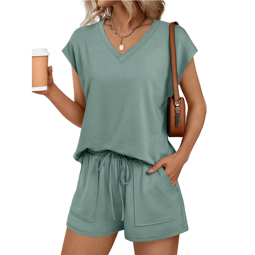 V-Neck Short Sleeve Tee and Shorts Two-Piece Set