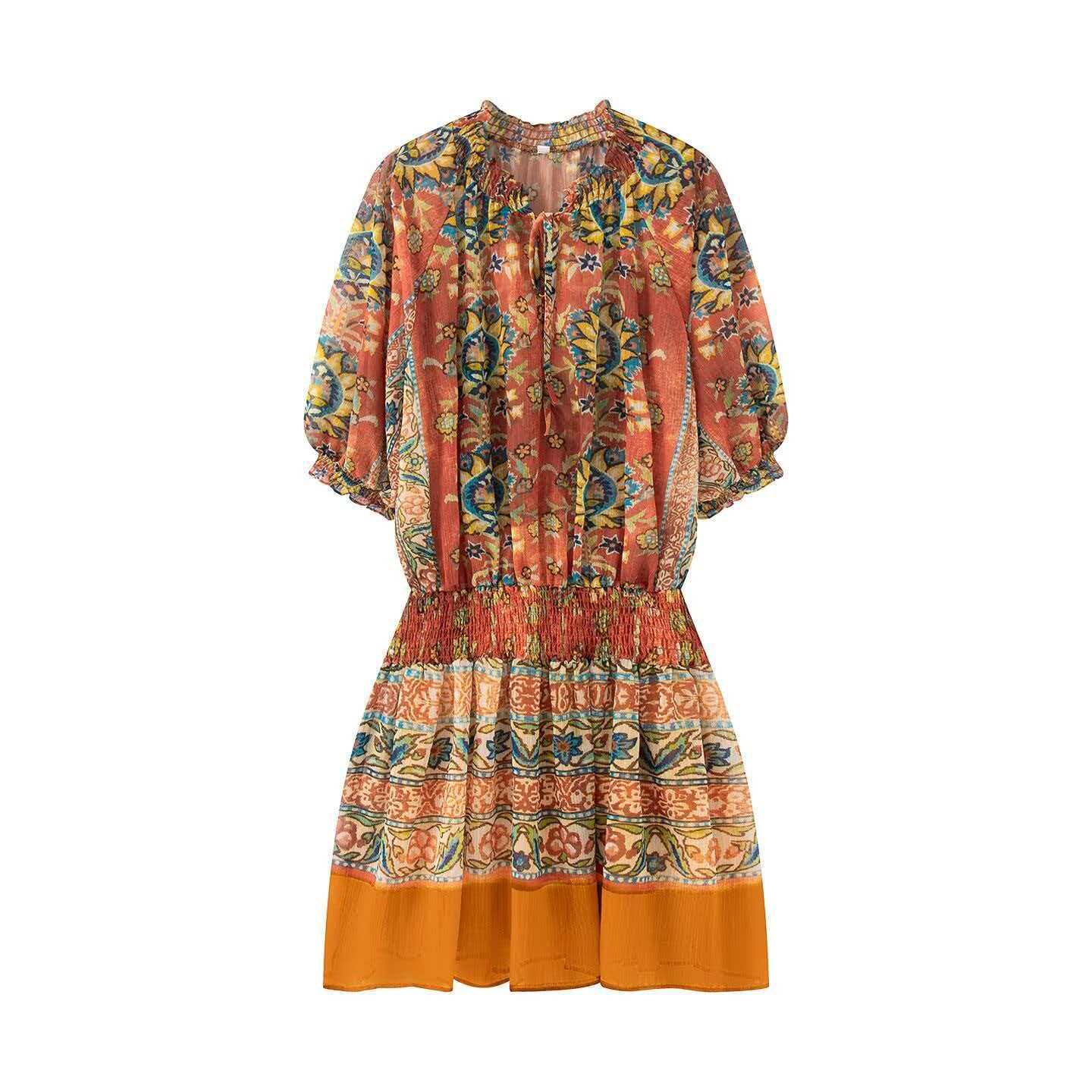 Women's Ruffle Neck Cinched Waist Midi Beach Dress