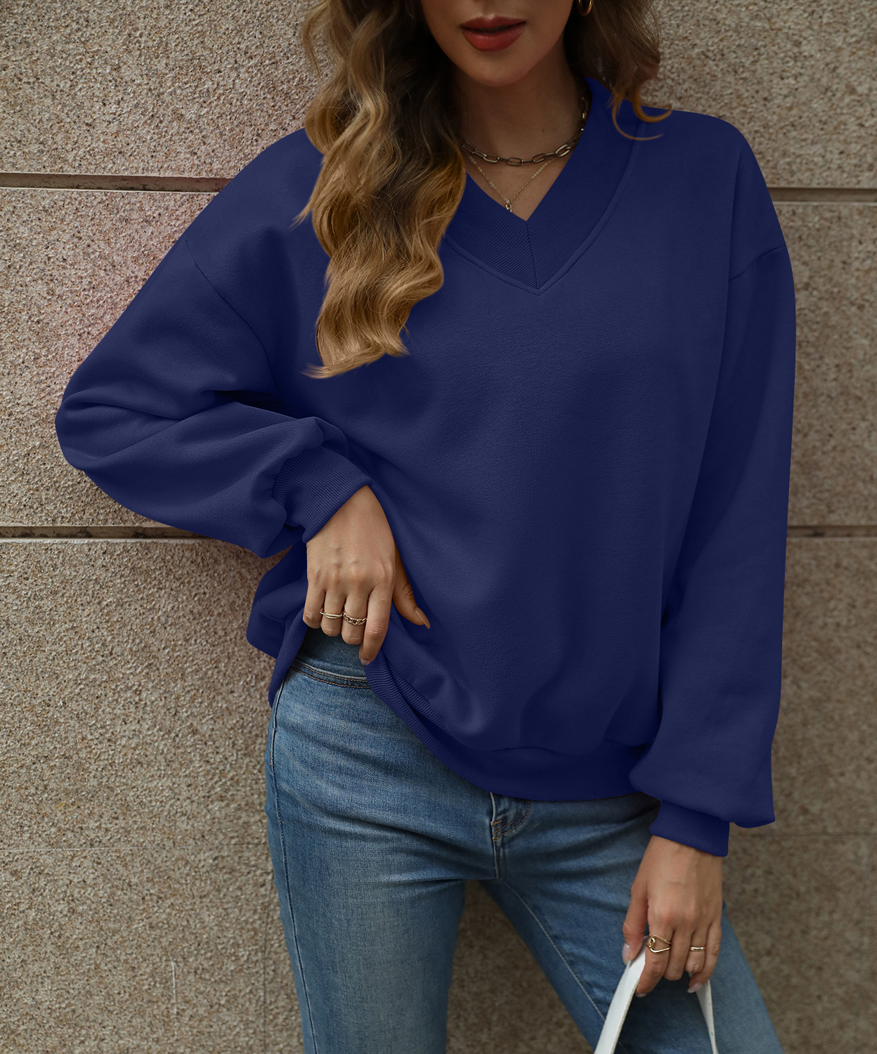 Women's V-Neck Fleece-Lined Loose Pullover Sweatshirt