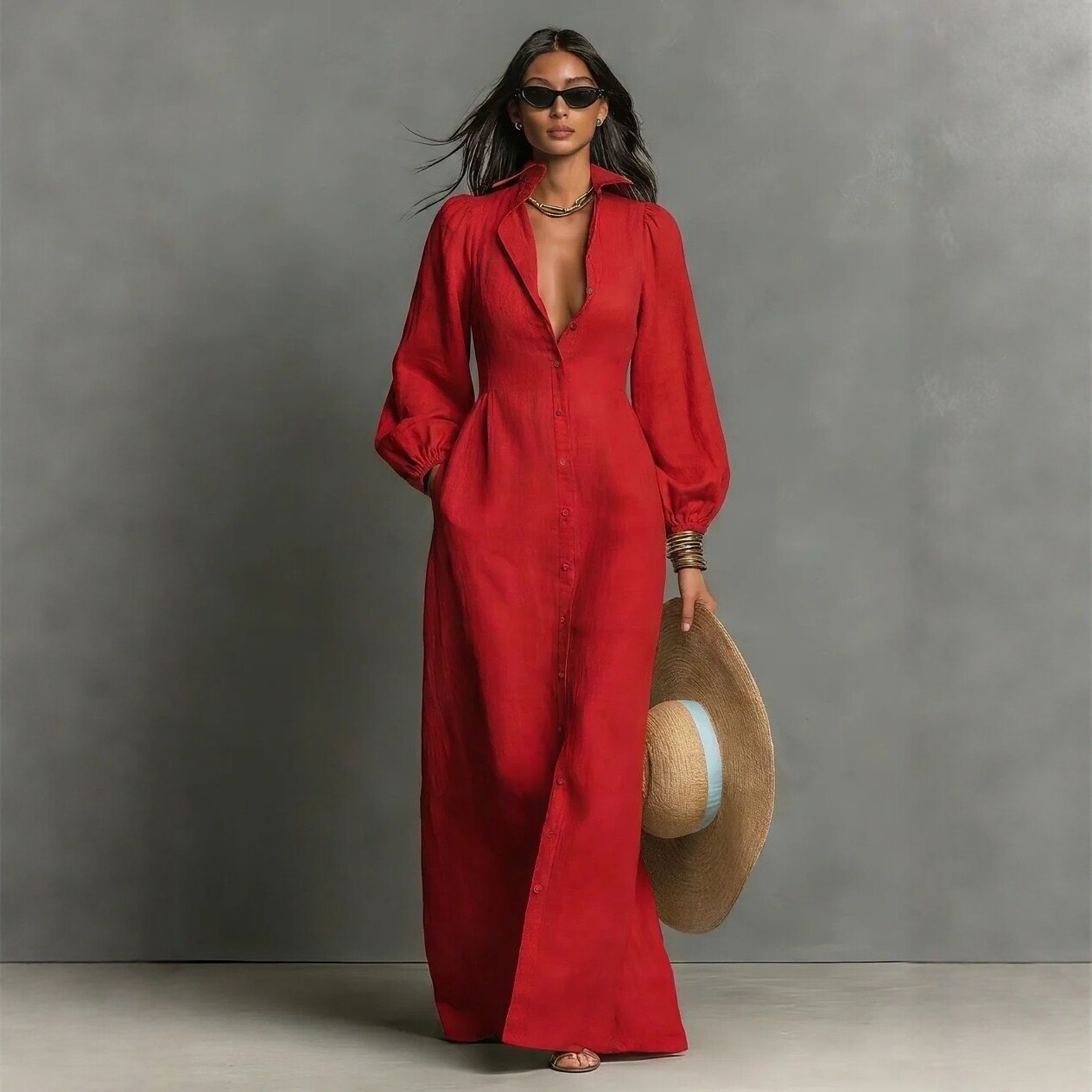 Lantern Sleeve Button-Front Long Shirt Dress Retro Casual