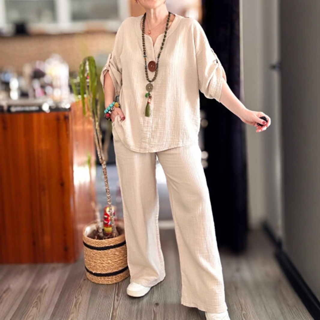 Cotton-Linen Two-Piece Set with Mid-Sleeve Top and Wide-Leg Pants