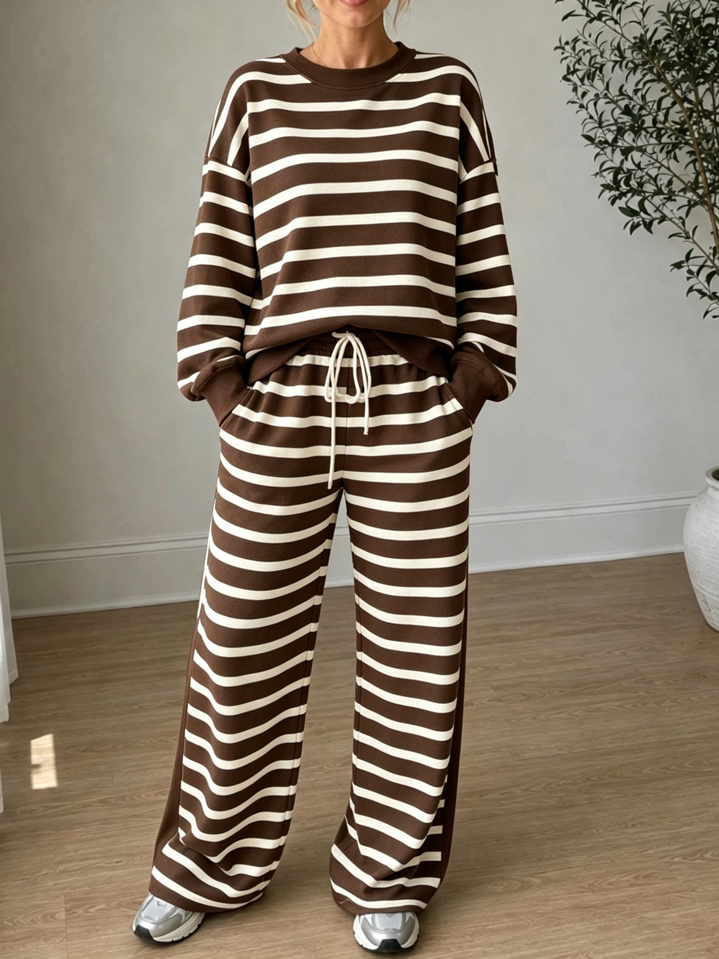 Women's High-Waist Striped Print Long-Sleeve Two-Piece Casual Set