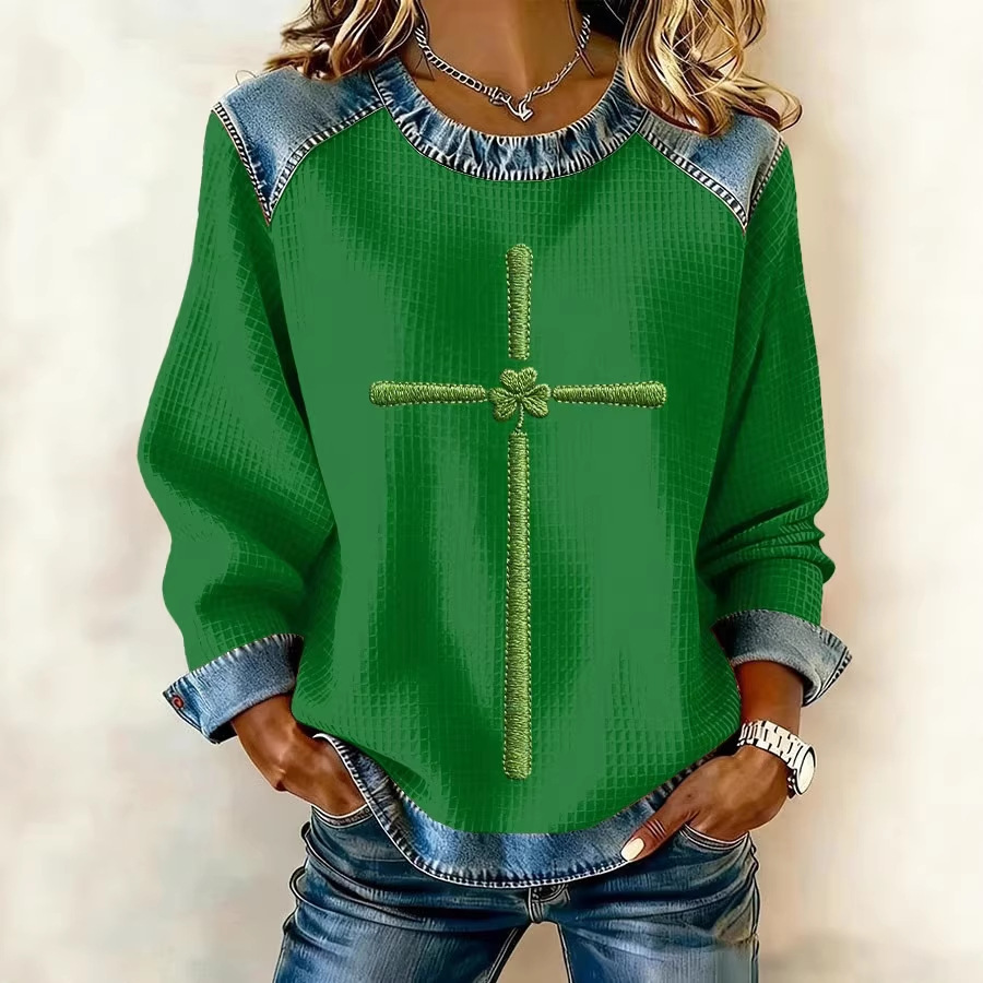 Women's Clover Print Waffle Knit Crewneck Sweatshirt