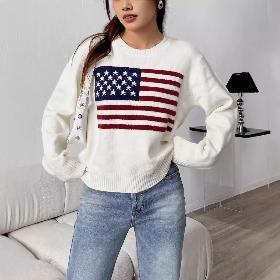 American Flag Crewneck Pullover Knit Sweater
