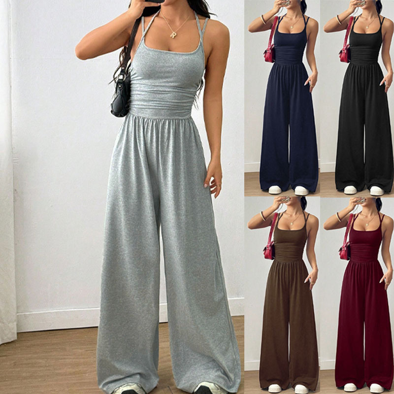 Solid Color Sleeveless Wide-Leg Jumpsuit with Cami Top