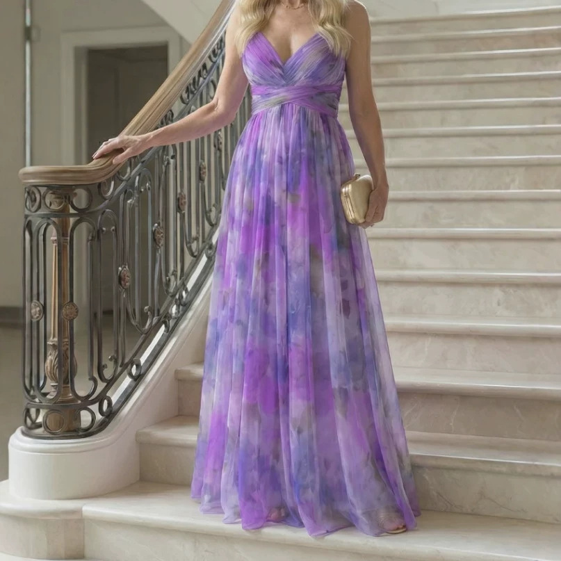 Digital Print Chiffon Long Dress with Cinched Waist