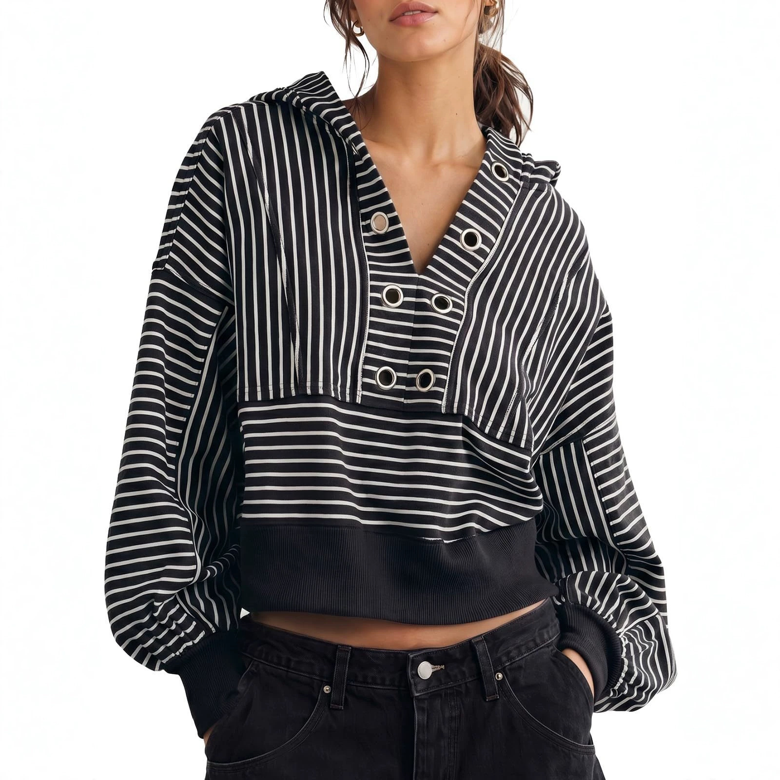 Women's Striped Short V-Neck Hooded Loose Sweatshirt