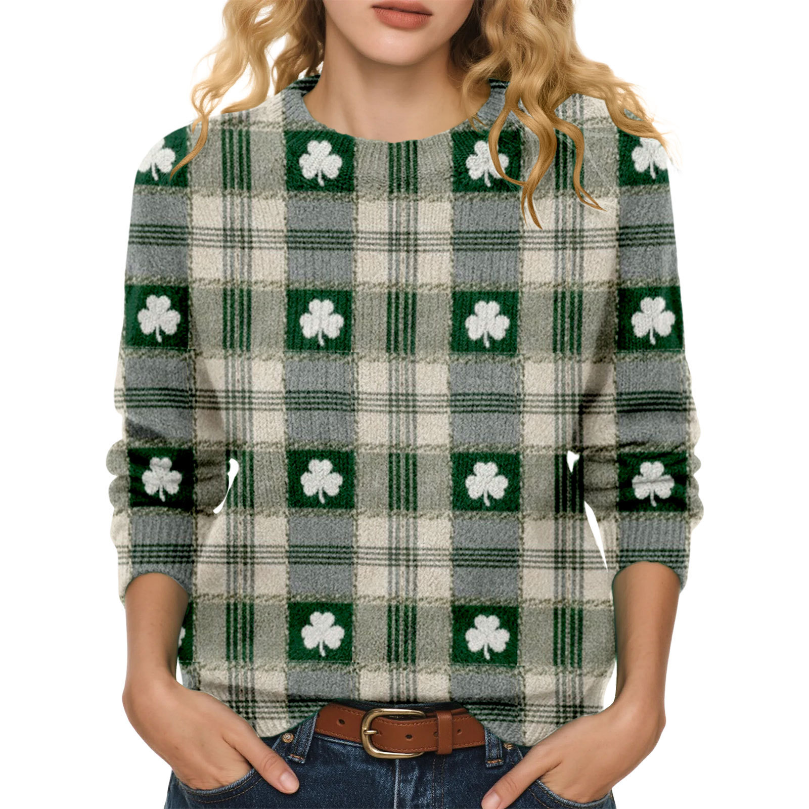 Lucky Clover Print Crewneck Sweatshirt for Women Casual Pullover