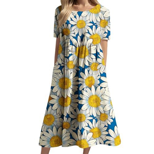 Women's Floral Print Ruched Midi Dress Short Sleeve Crew Neck