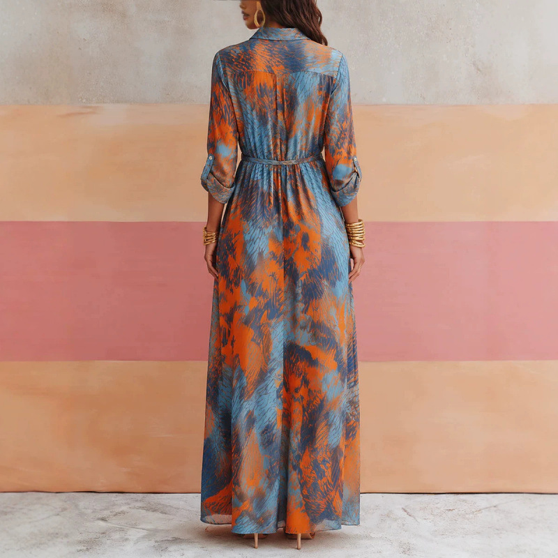 Women's Casual Printed Long Sleeve Lapel Collar Long Dress