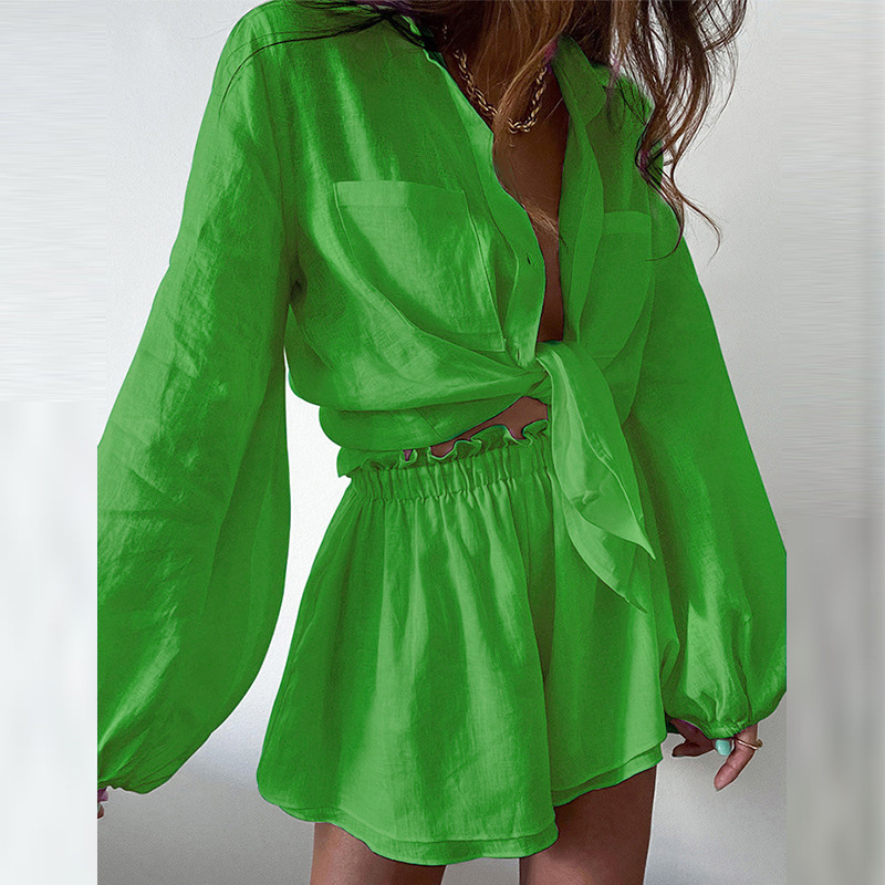 Women's Casual Solid Ruffle Shorts and Long-Sleeve Cardigan Set