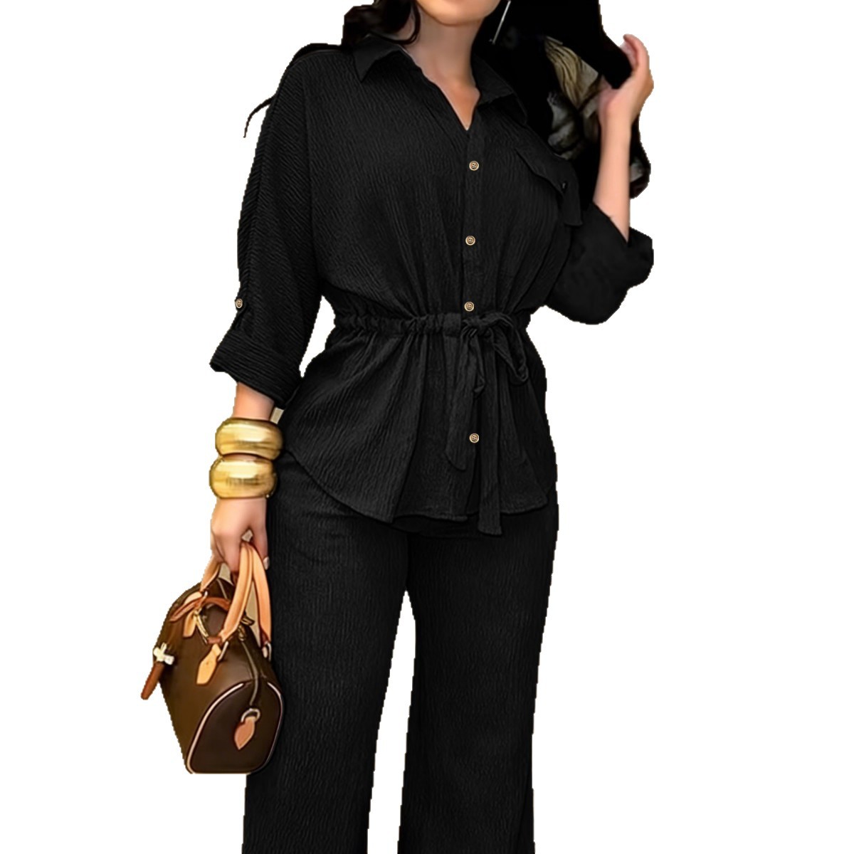 Women's Ruched Waist Shirt and Wide-Leg Pants Set