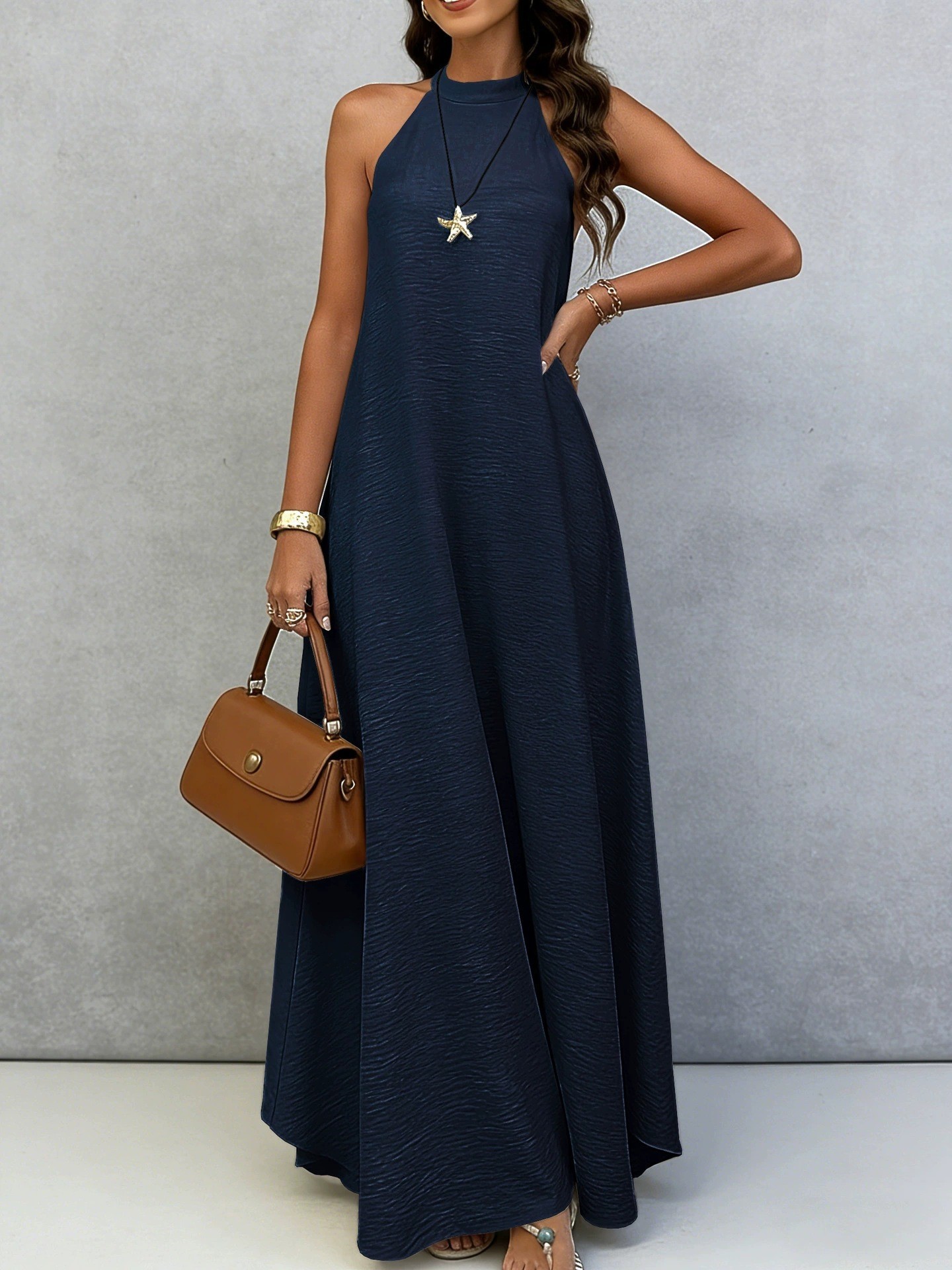 Sleeveless A-Line Midi Dress Solid Color High Waist Casual Elegant