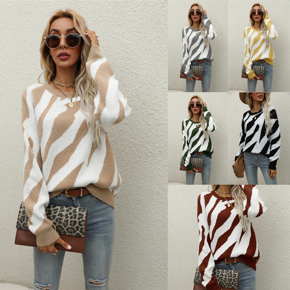 Striped Knit Pullover Sweater with Round Neck, Plus Size