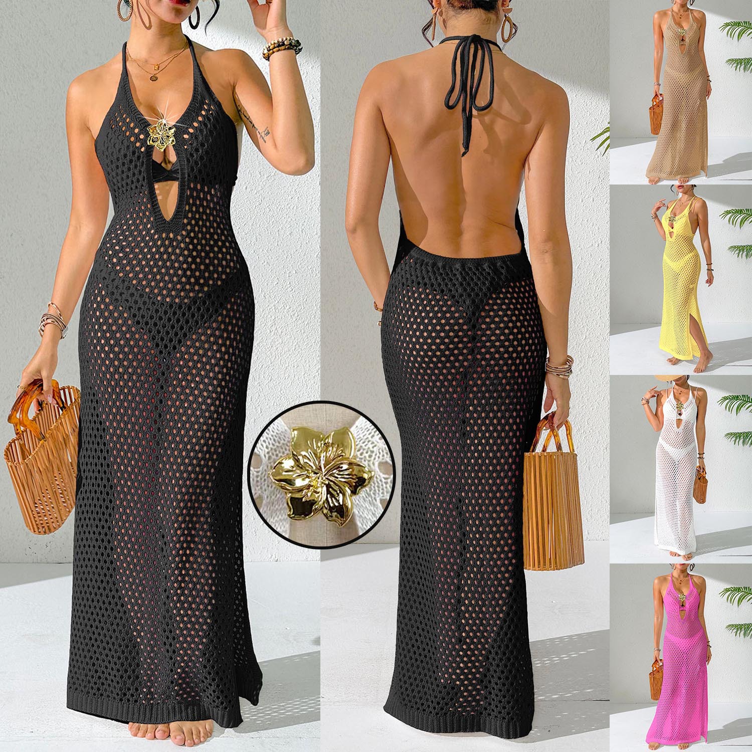 Women's Waist-Cinching Open-Back Knit Dress with Halter Straps, Metal Flower Detail, Cutout, Side Slit