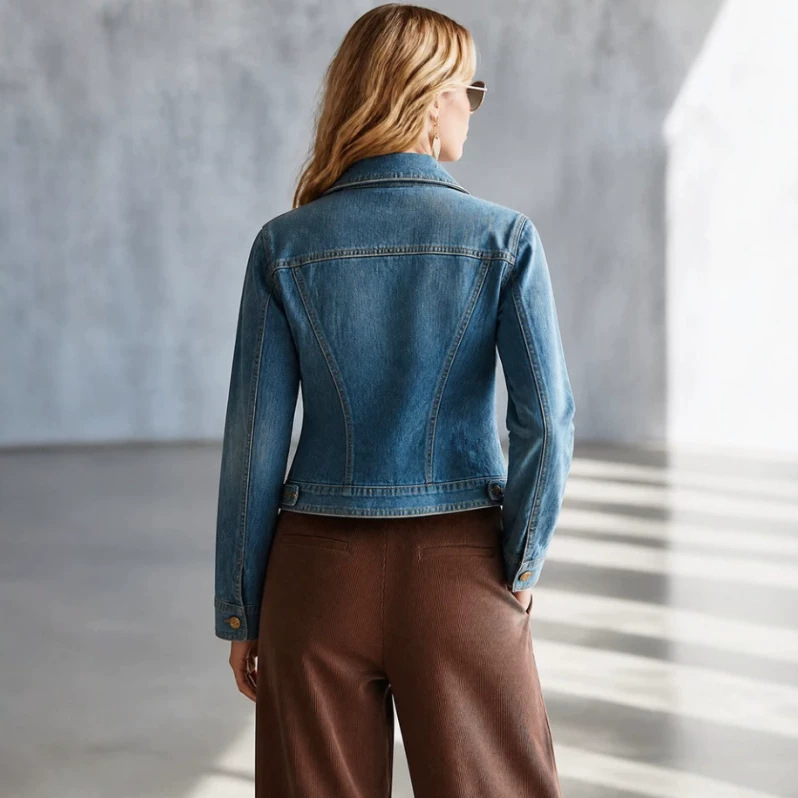 Women's Cropped Slim Fit Denim Jacket with Gold Buttons