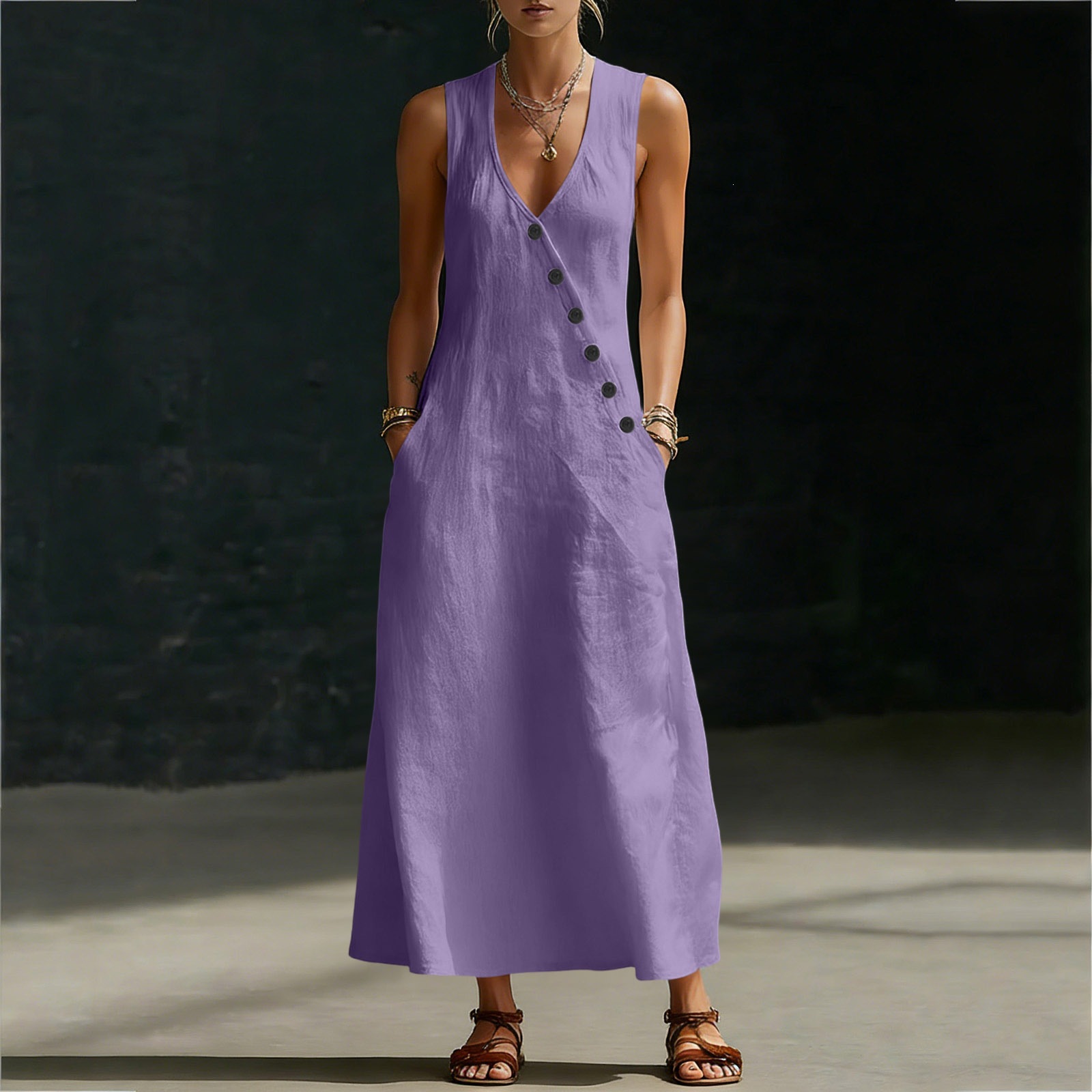 V-Neck Button-Front Cotton-Linen Sleeveless Maxi Dress