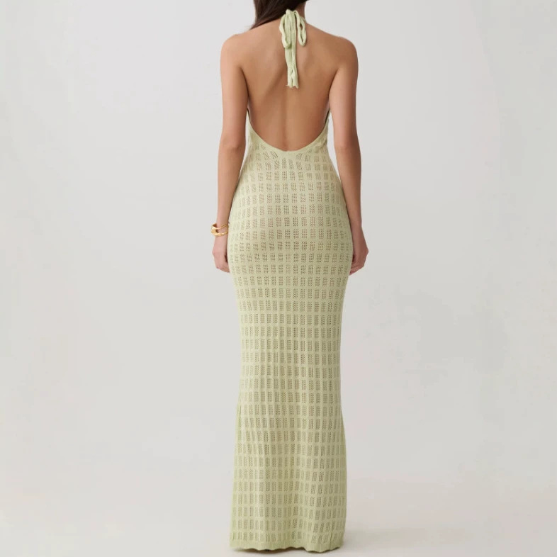 Women's Sexy Mesh Halter Neck Knit Long Dress