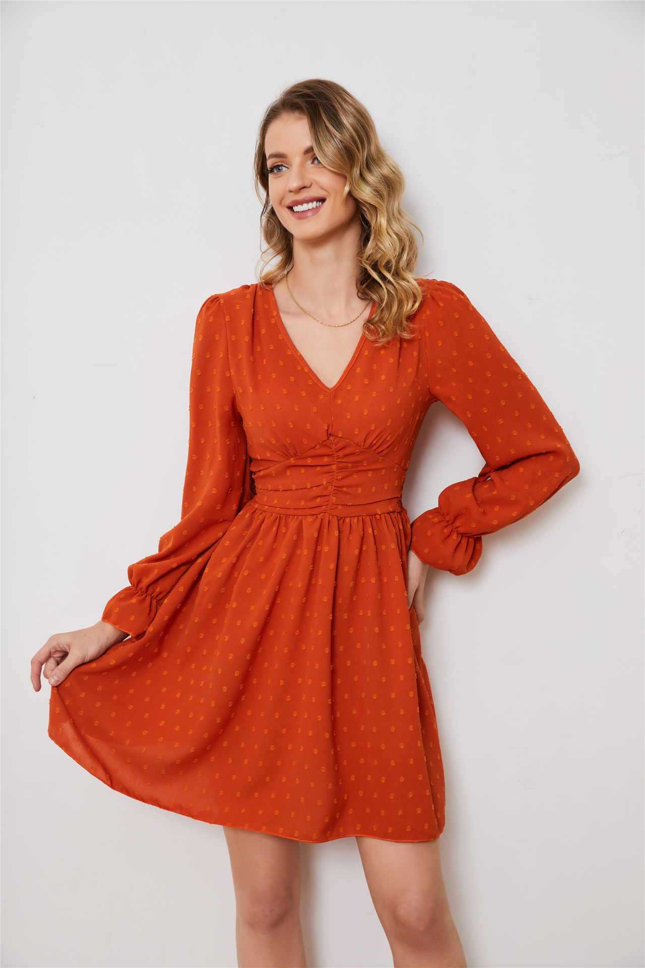 High-Waist V-Neck Chiffon Midi Dress with Polka Dot Print and Flared Sleeves